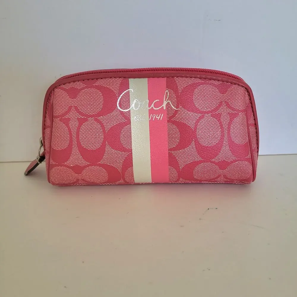 Coach Signature C Pink White Stripe Makeup Cosmetic Bag Pouch Zipper Organizer